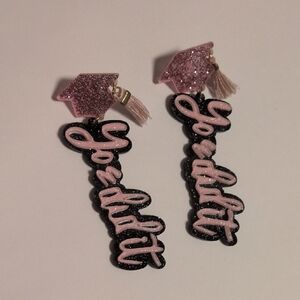 Glittery Pink and Black "You Did It" Graduation Dangle Earrings